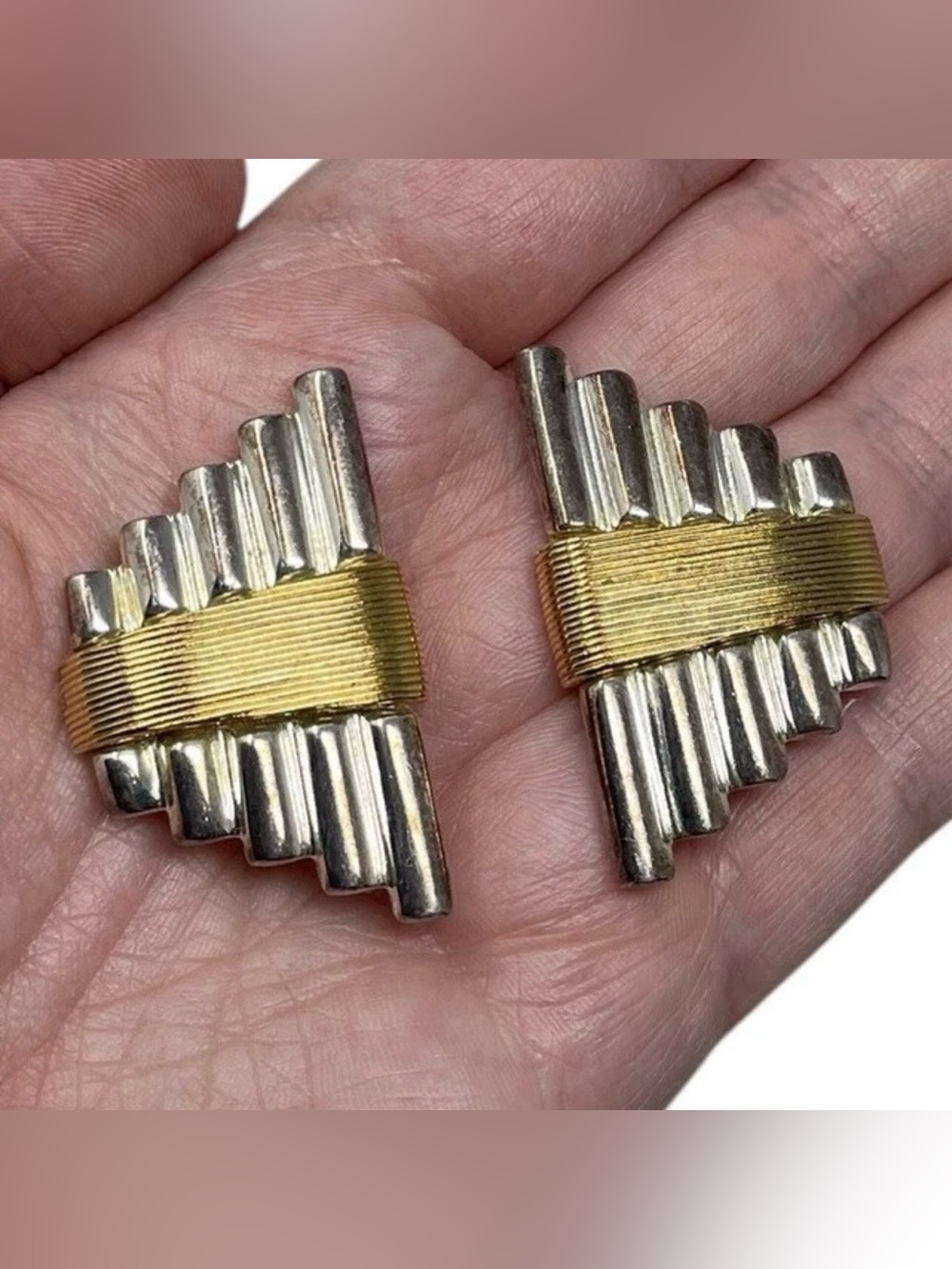Vintage Signed Carrรฉ Gold & Silver Tone Clip On Statement Earrings Retro Classy